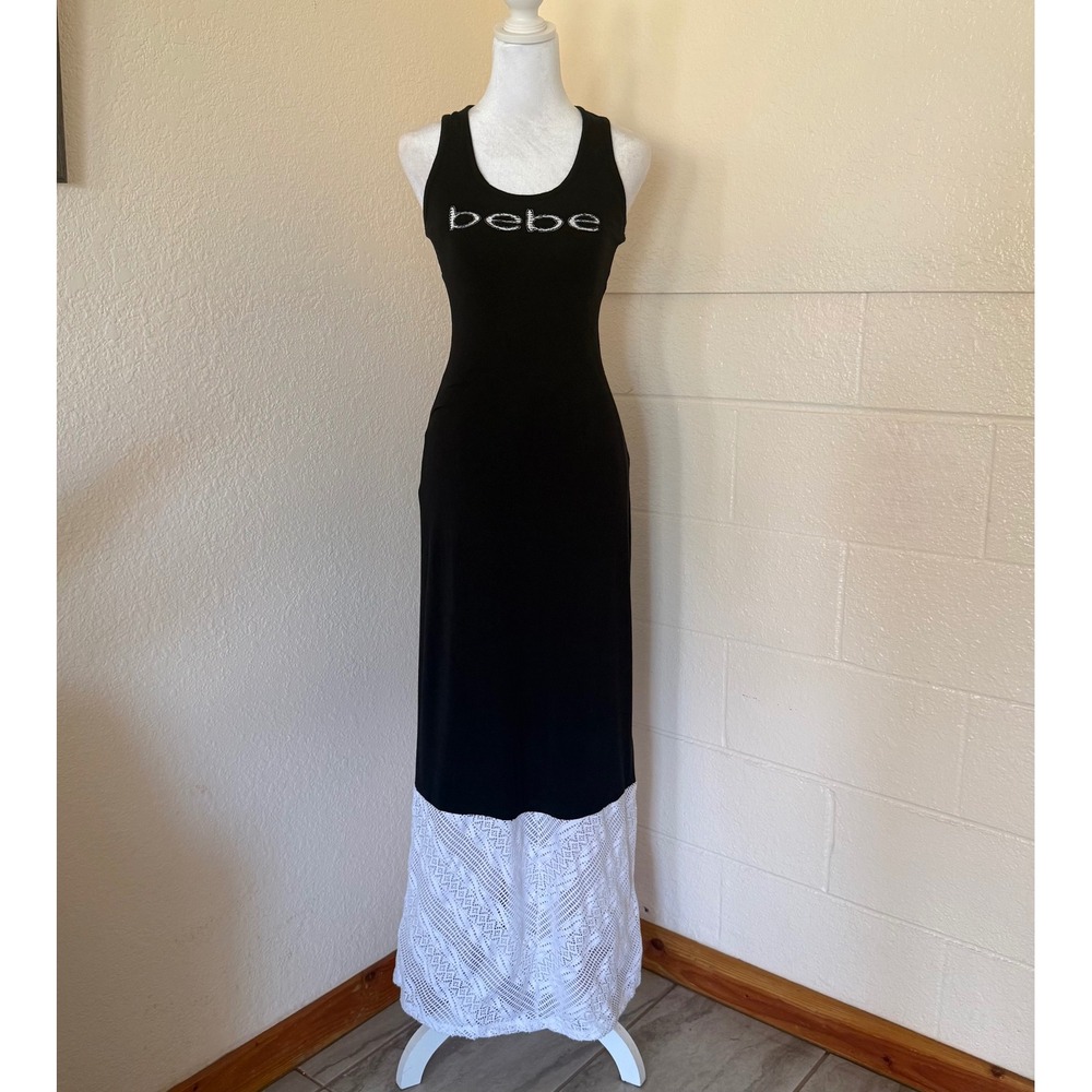 Bebe Maxi Dress Womens XS Black White‎ Crochet Lace Hem Logo Y2K Glam